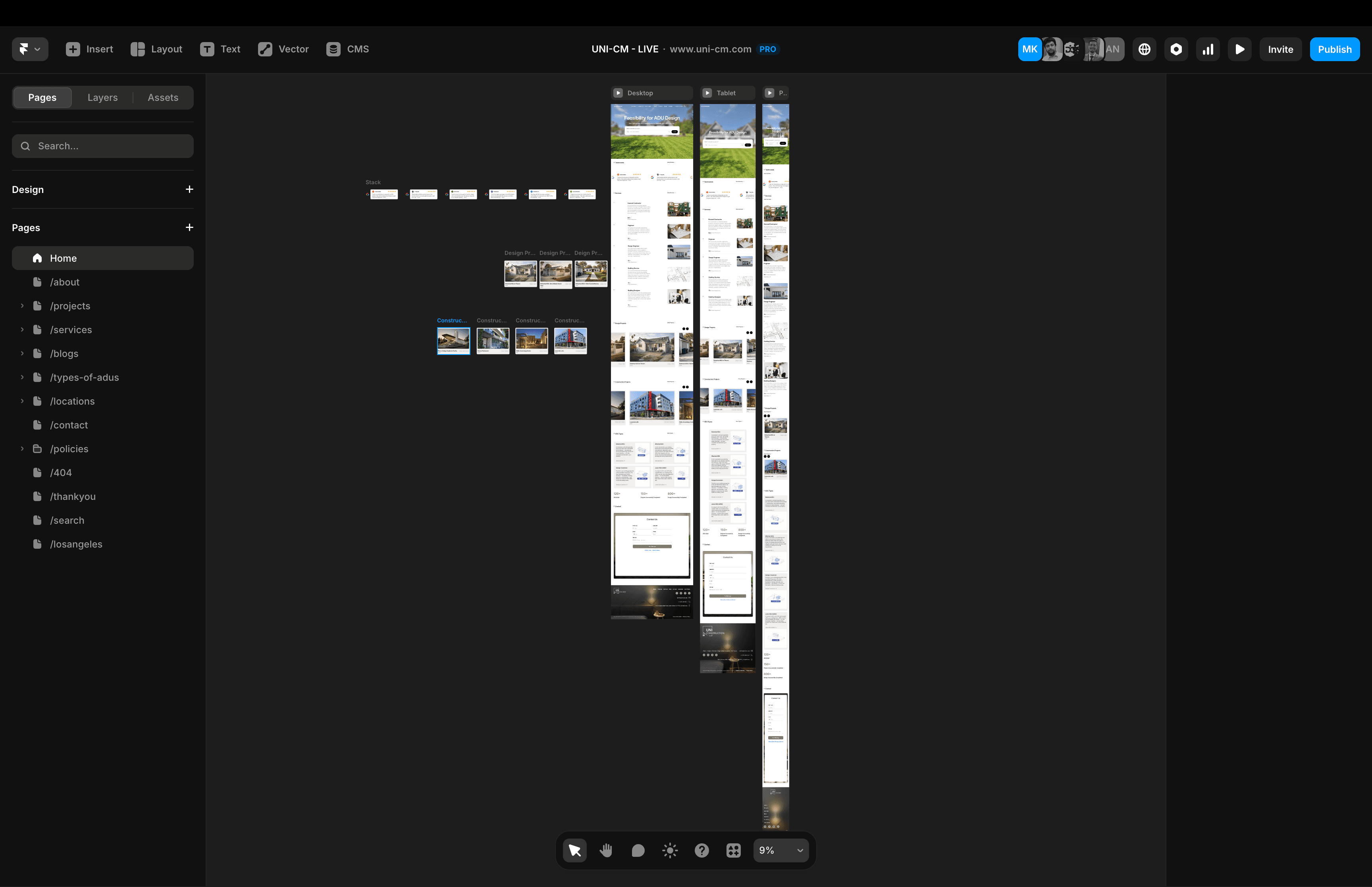 Framer editor showing the multi-page website structure