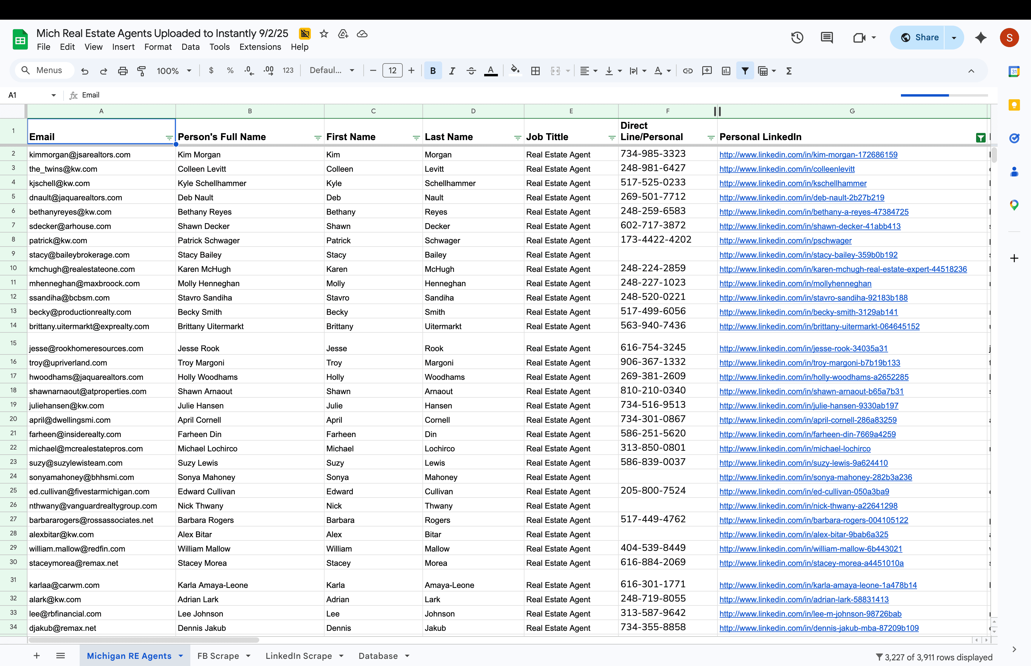 Google Sheets lead database used as the source list for enrichment