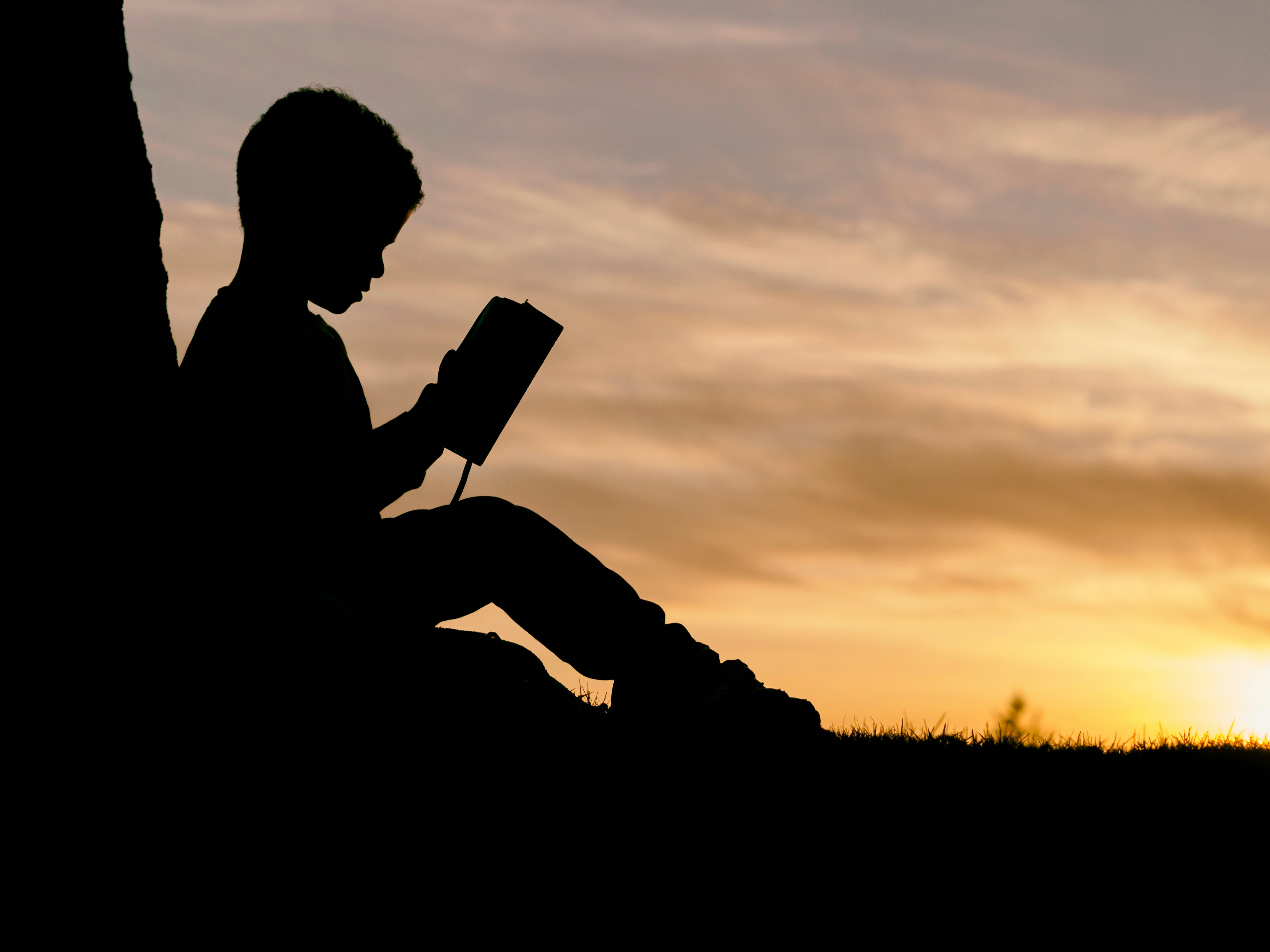 Silhouette of a child reading at sunset